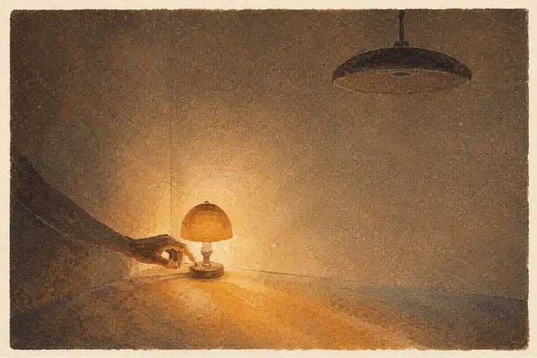 A hand switching on a warm lamp at dusk, representing the physical room marker in the End-of-Day System
