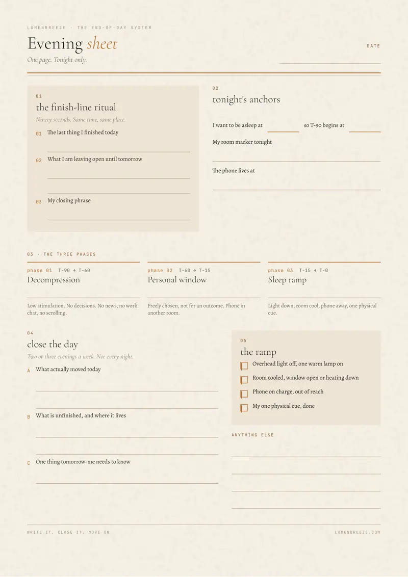 The one-page LumenBreeze Evening Sheet with three short prompts for closing the workday